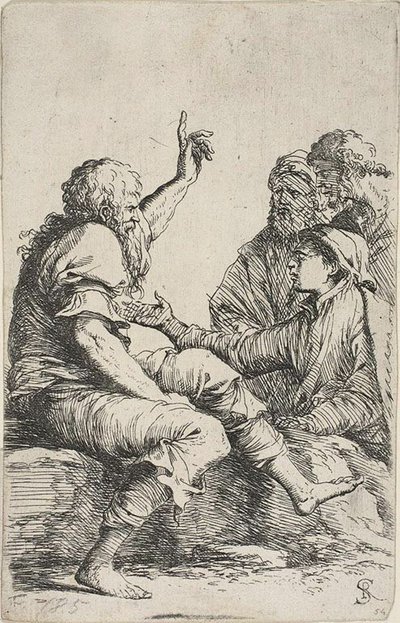 Een bebaarde oude man zittend op een rots en een vermanend gebaar makend naar drie mannen tegenover hem, uit de Figurine-serie door Salvator Rosa