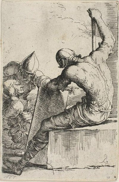 Een krijger, zittend op een voorgrondblok, houdt een schild en staf vast en draait zich om naar twee krijgers achter hem, uit de Figurine-serie door Salvator Rosa