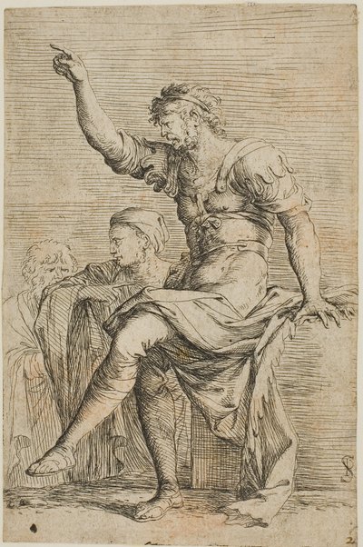 Een krijger zit op een blok en gebaart; twee figuren staan achter hem, uit de Figurine-serie door Salvator Rosa