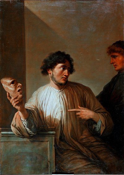 Allegorie van de leugen in de vorm van een man die een masker vasthoudt door Salvator Rosa