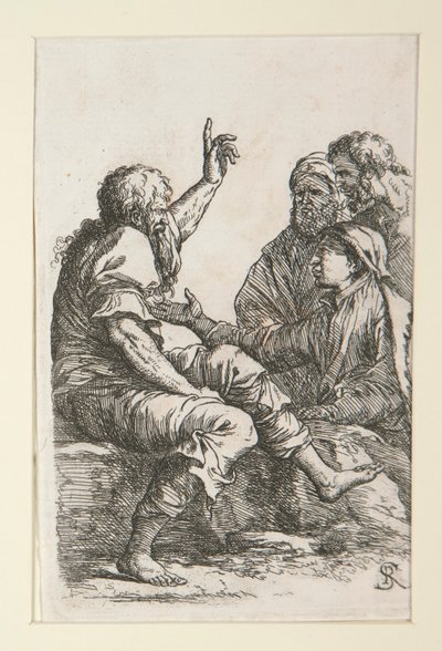 Een oude man praat met drie mannen door Salvator Rosa