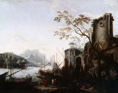 Marien landschap met torens en schepen en ruïnes door Salvator Rosa