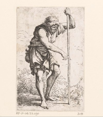 Oude man met een stok door Salvator Rosa
