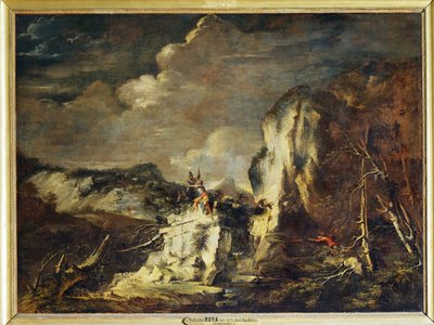 Rotsachtig landschap met een jager en krijgers - Een ... door Salvator Rosa