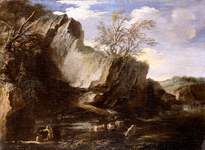 Rotsachtig landschap met herders en vee door Salvator Rosa