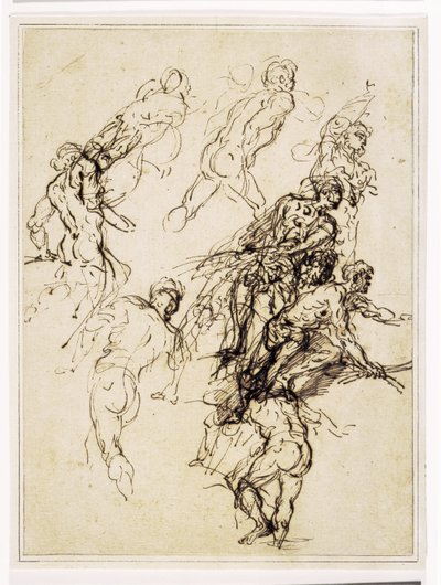 Schetsen voor mannelijke figuren die krachtig naar rechts bewegen door Salvator Rosa