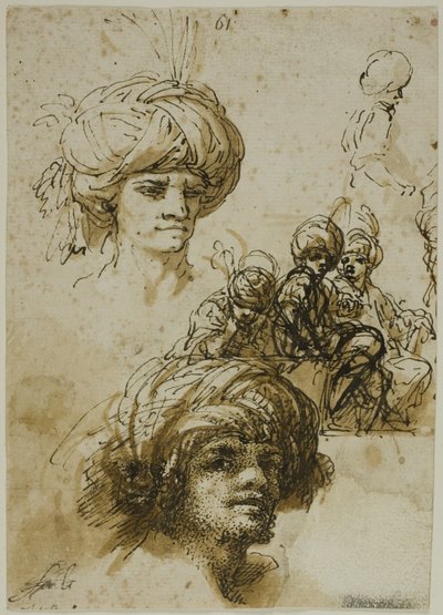 Schetsen van gebruinde mannen (recto); Fragment van een figuur en schetsen van gebladerd architectonisch ornament (verso) door Salvator Rosa