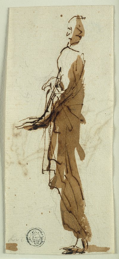 Staande gedrapeerde figuur in profiel (recto); bloedbad van de onschuldigen (verso) door Salvator Rosa