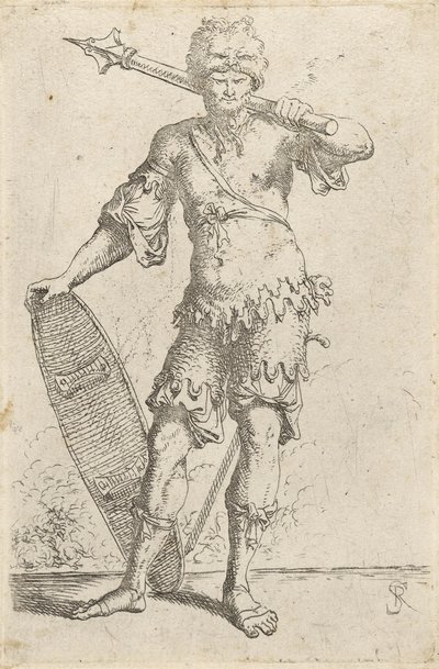 Staande exotische krijger met leeuwenkopmuts, met knots en schild, ca. 1656-57 door Salvator Rosa