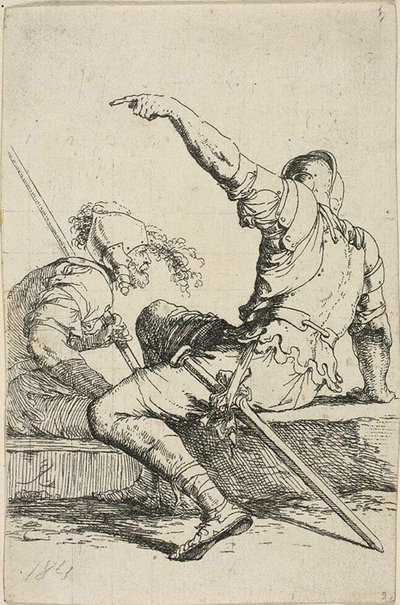 Twee Krijgers Zittend op Lage Rotsen door Salvator Rosa