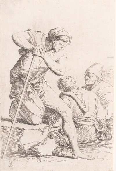 Twee mannen zittend en een andere man met een staf knielend op een rots, uit de serie, ca. 1656-1657 door Salvator Rosa