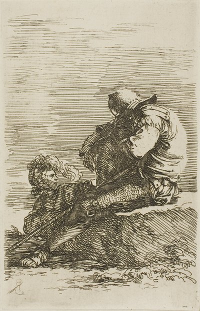 Twee krijgers, één zittend in slaap op een rots op de voorgrond, uit de Figurineserie door Salvator Rosa