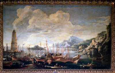 Zicht op een haven door Salvator Rosa