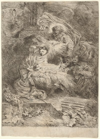 De geboorte van Christus met God de Vader en de Heilige Geest door Salvatore Castiglione