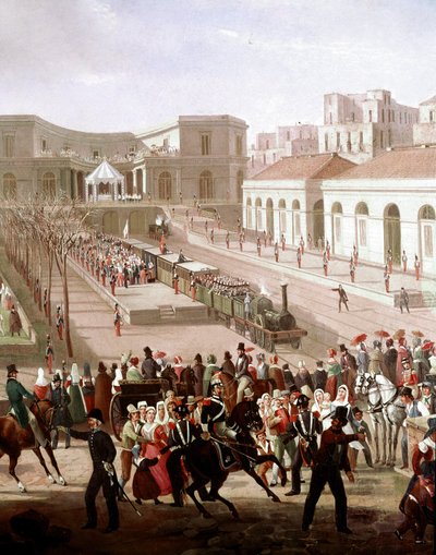 Inhuldiging van de spoorlijn tussen Napels en Portici in 1839 (detail) door Salvatore Fergola
