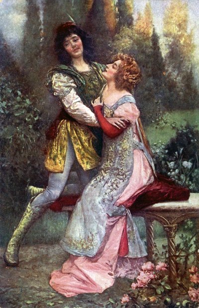 Literatuur. Francesca da Rimini en Paolo Malatesta. Illustratie geïnspireerd door S. Postiglione in: De Goddelijke Komedie, door Dante Alighieri, Tsjechië, c.1910 (ansichtkaart) door Salvatore Postiglione