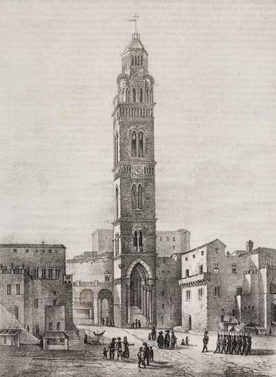 Klokkentoren van de kathedraal van Gaeta, Lazio, Italië, lithografie door Salvatore Puglia naar een tekening van Pasquale Mattei (1813-1879), uit Poliorama Pittoresco, nr. 48, 6 juli door Salvatore Puglia