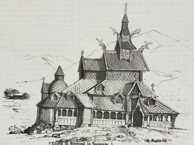 Borgund staafkerk, Noorwegen, lithografie door Salvatore Puglia uit Poliorama Pittoresco, nr. 40, 14 mei door Salvatore Puglia