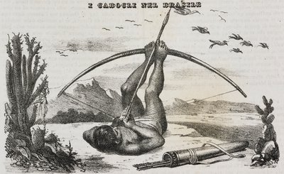 Caboclo man met bogen en pijlen, Brazilië. Lithografie door Salvatore Puglia uit Poliorama Pittoresco door Salvatore Puglia