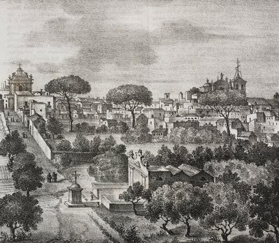 Oostelijk zicht op Mesagne, Apulië, Italië. Lithografie door Salvatore Puglia uit Poliorama Pittoresco door Salvatore Puglia