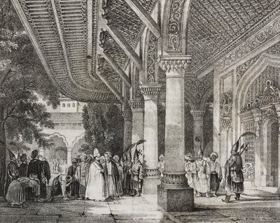 Inkomhal van Serraglio, Turkije, uit het verhaal harem in het Oosten, lithografie uit Poliorama Pittoresco, nr. 12, 28 oktober door Salvatore Puglia