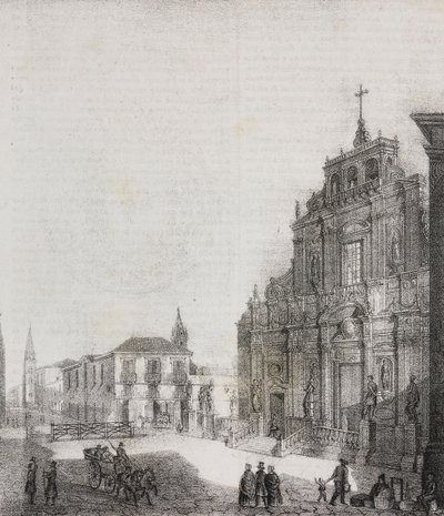 Voorgevel van de Basiliek van San Sebastiano in Acireale, Sicilië, Italië. Lithografie door Salvatore Puglia uit Poliorama Pittoresco door Salvatore Puglia