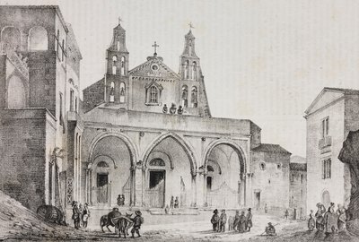 Voorgevel van de kathedraal van Sessa Aurunca, Campania, Italië, lithografie door Salvatore Puglia naar een tekening van Pasquale Mattei (1813-1879) uit Poliorama Pittoresco, nr. 42, 24 mei door Salvatore Puglia