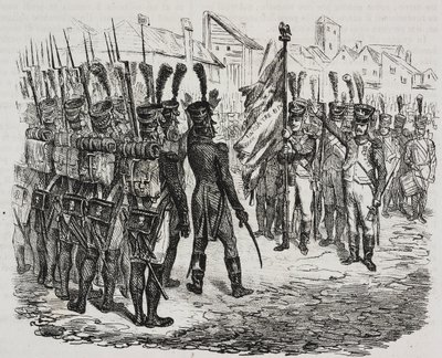 Vlag van het 84e regiment, lithografie door Salvatore Puglia uit Geschiedenis van Napoleon door Cesare Malpica, uit Poliorama Pittoresco, nr. 16, 25 november door Salvatore Puglia
