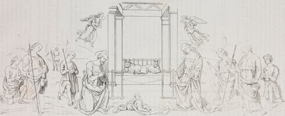 Fontignano Geboorte, Aanbidding van de herders, lithografie naar schilderij van Pietro Perugino uit Poliorama Pittoresco, nr. 42, 24 mei door Salvatore Puglia