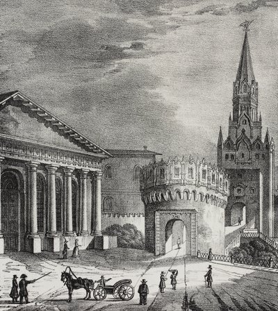 Poort van de Troitskaya-toren (Trinity Tower), Kremlin, Moskou, Rusland, lithografie door Salvatore Puglia uit Poliorama Pittoresco, nr. 22, 7 januari door Salvatore Puglia