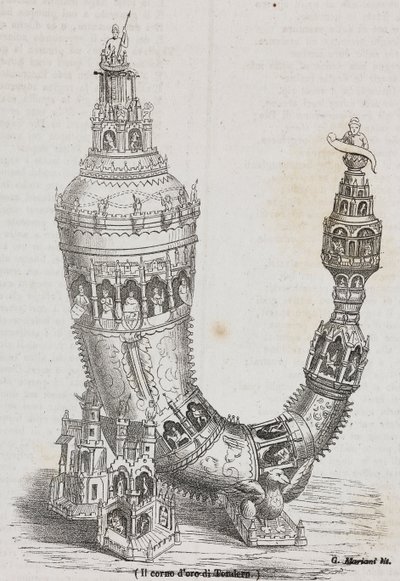 Gouden Hoorn van Tonder, Denemarken. Lithografie door Salvatore Puglia uit Poliorama Pittoresco door Salvatore Puglia