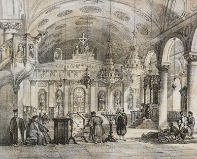 Interieur van de Griekse kerk van Baloukli, nabij Constantinopel, Turkije, lithografie door Salvatore Puglia uit Poliorama Pittoresco, nr. 28, 15 februari door Salvatore Puglia