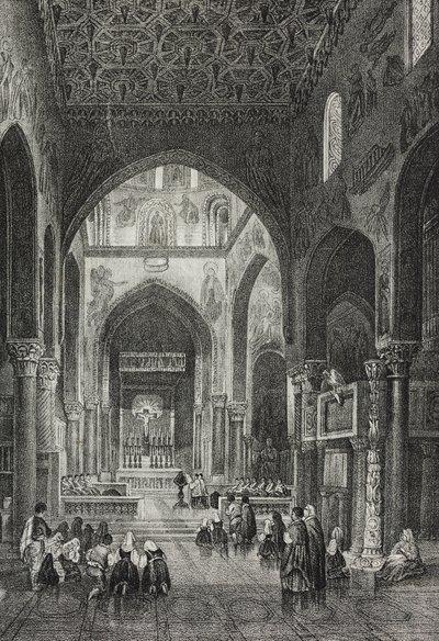 Interieur van de Palatijnse Kapel in Palazzo dei Normanni of Koninklijk Paleis in Palermo, Sicilië, Italië, lithografie door Salvatore Puglia uit Poliorama Pittoresco, nr. 41, 21 mei door Salvatore Puglia