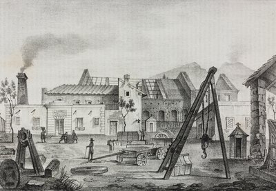Reale Opificio meccanico (Koninklijke Mechanische Fabriek) in Pietrarsa, Campania, Italië, lithografie door Gaetano Riccio uit Poliorama Pittoresco, nr. 39, 7 mei door Salvatore Puglia