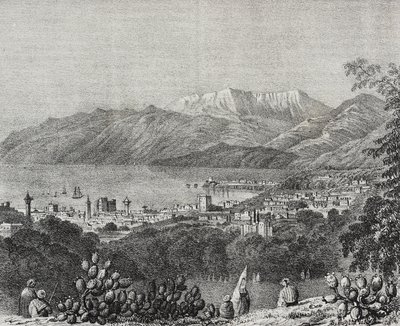 Uitzicht op Beiroet en het Libanon-gebergte, Libanon, lithografie door Salvatore Puglia uit Poliorama Pittoresco, nr. 8, 1 oktober door Salvatore Puglia