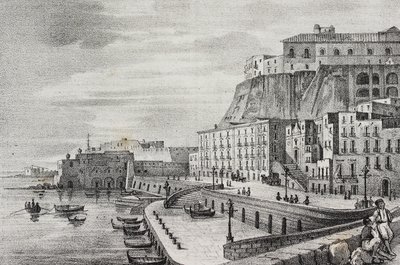 Uitzicht op Borgo Santa Lucia, Napels, Campania, Italië, lithografie door Salvatore Puglia uit Poliorama Pittoresco, nr. 36, 15 april door Salvatore Puglia