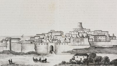 Zicht op Crotone, Calabrië, Italië. Lithografie door Salvatore Puglia uit Poliorama Pittoresco door Salvatore Puglia
