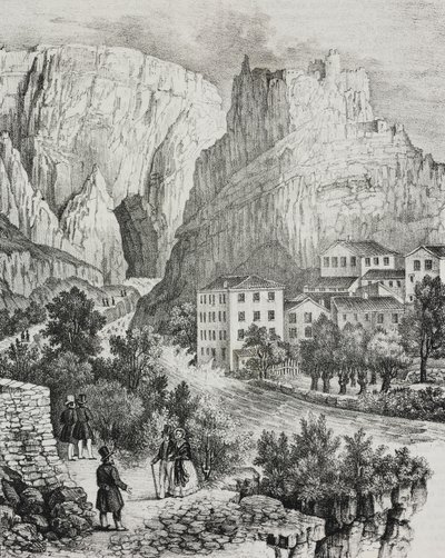 Uitzicht op Fontaine-de-Vaucluse, Frankrijk, lithografie door Sardi uit Poliorama Pittoresco, nr. 51, 30 juli door Salvatore Puglia