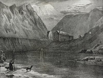 Uitzicht op het hospice van de Grote Sint-Bernard vanaf het meer, grens Italië-Zwitserland, lithografie door Salvatore Puglia uit Poliorama Pittoresco, nr. 9, 9 oktober door Salvatore Puglia