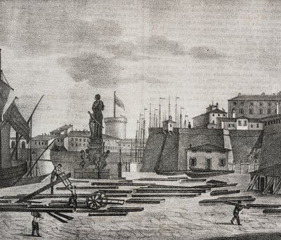 Zicht op de haven van Livorno, Toscane, Italië. Lithografie door Salvatore Puglia uit Poliorama Pittoresco door Salvatore Puglia