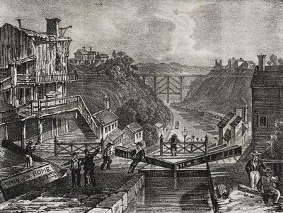 Uitzicht op Lockport, in de staat New York, Verenigde Staten van Amerika, lithografie uit Poliorama Pittoresco, nr. 1, 10 augustus door Salvatore Puglia