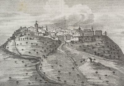 Uitzicht op Montefuscolo, tegenwoordig Montefusco, Campania, Italië, lithografie uit Poliorama Pittoresco, nr. 41, 20 mei door Salvatore Puglia