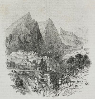 Uitzicht op de berg Parnassus vanuit Delphi, Griekenland, lithografie door Salvatore Puglia uit Poliorama Pittoresco, nr. 46, 25 juni door Salvatore Puglia