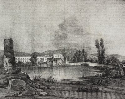 Uitzicht op Santa Restituta fabriek en kerk aan de oevers van de Fibreno-rivier in Cornello, Lazio, Italië, lithografie door Salvatore Puglia naar tekening van Raffaele Carelli, uit Poliorama Pittoresco, nr. 16, 26 november door Salvatore Puglia