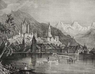 Uitzicht op Thun, Kanton Bern, Zwitserland, lithografie door Salvatore Puglia uit Poliorama Pittoresco, nr. 35, 9 april door Salvatore Puglia