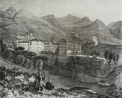 Uitzicht op klooster van San Martino delle Scale bij Palermo, Sicilië, Italië, lithografie door Salvatore Puglia uit Poliorama Pittoresco, nr. 47, 2 juli door Salvatore Puglia