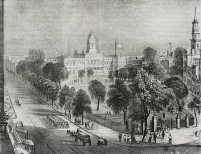 Uitzicht op park en stadhuis van New York, Verenigde Staten van Amerika, lithografie door Salvatore Puglia uit Poliorama Pittoresco, nr. 24, 22 januari door Salvatore Puglia
