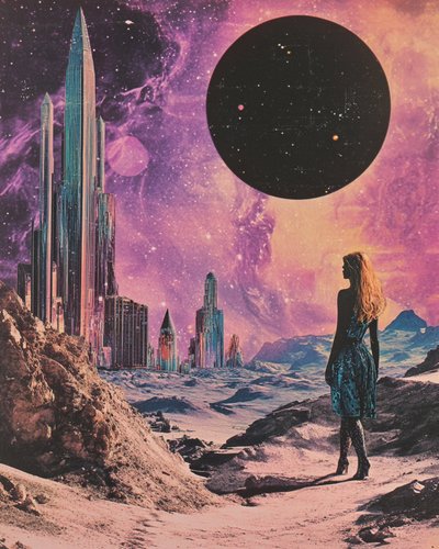 Vrouw in een kosmisch stadslandschap door Samantha Hearn