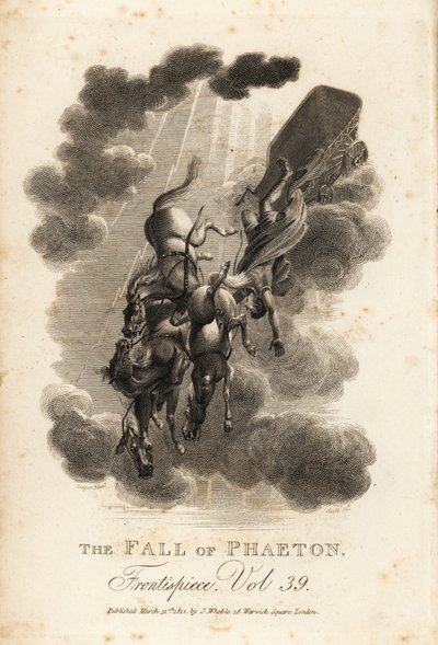 Allegorische illustratie van Phaethon, zoon van Helios en de Oceanide Clymene, die uit de lucht valt terwijl hij de zonnewagen bestuurt door Samuel (after) Cooper