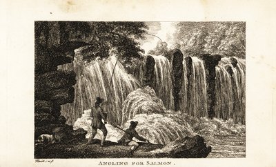 Visser die op zalm vist aan de oevers van een rivier nabij een waterval door Samuel (after) Howitt